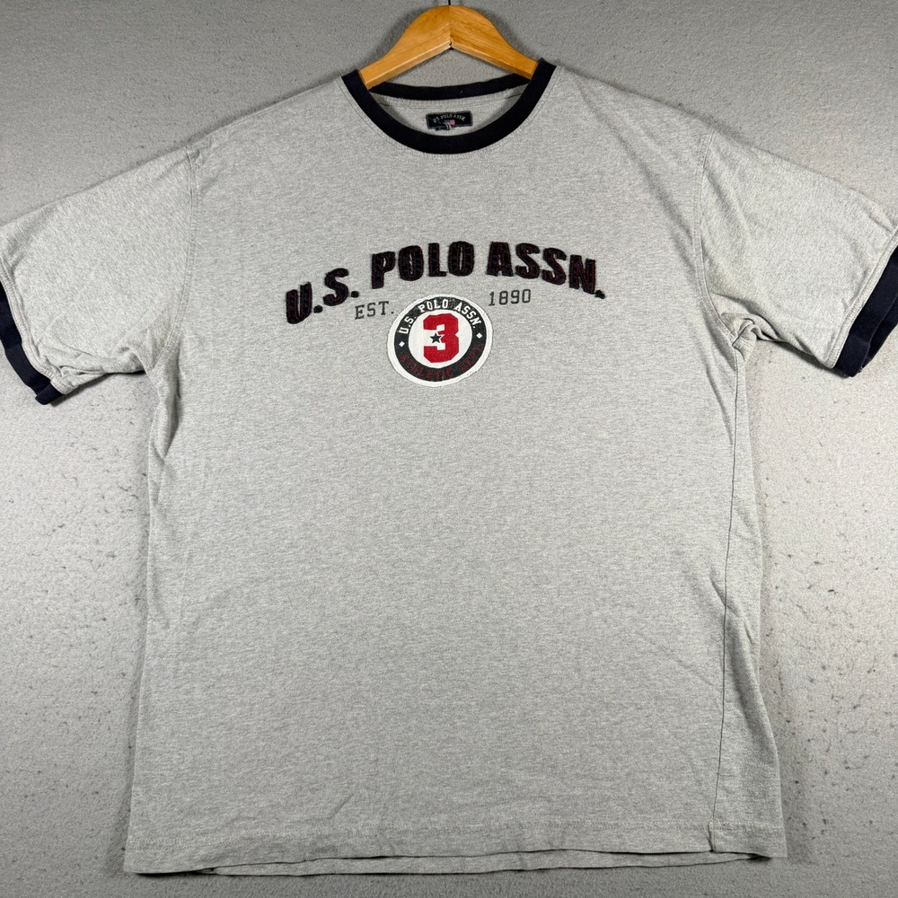 US Polo Assn Mens‎ Ringer T-Shirt Gray Navy Blue Athletic Patch Logo Size XL